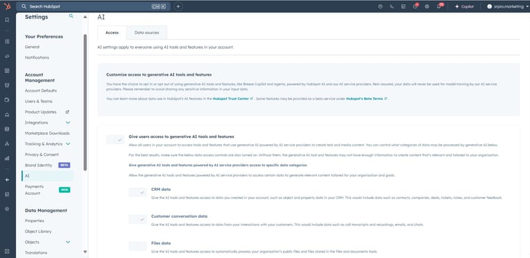 AI settings HubSpot