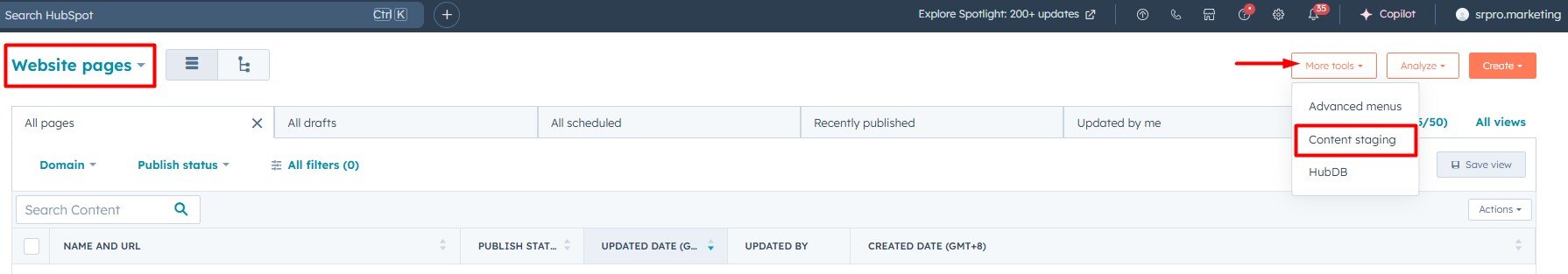 Accessing Content Staging in HubSpot