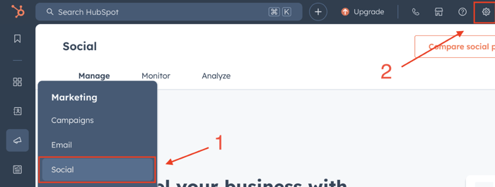 screenshot for navigation to HubSpot Social Monitoring feature