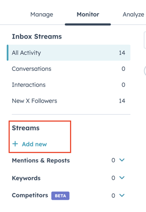 screenshot creating streams for social monitoring in HubSpot