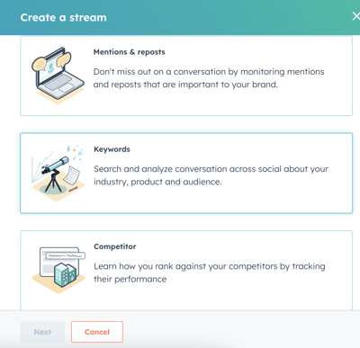 screenshot of list of stream type options