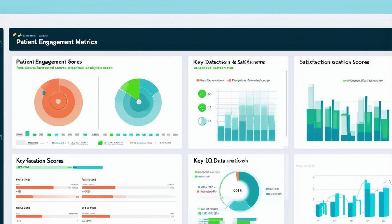 A dashboard displaying analytics like Patient Engagement Metrics and Satisfaction Scores, with key data points highlighted in 00a79d