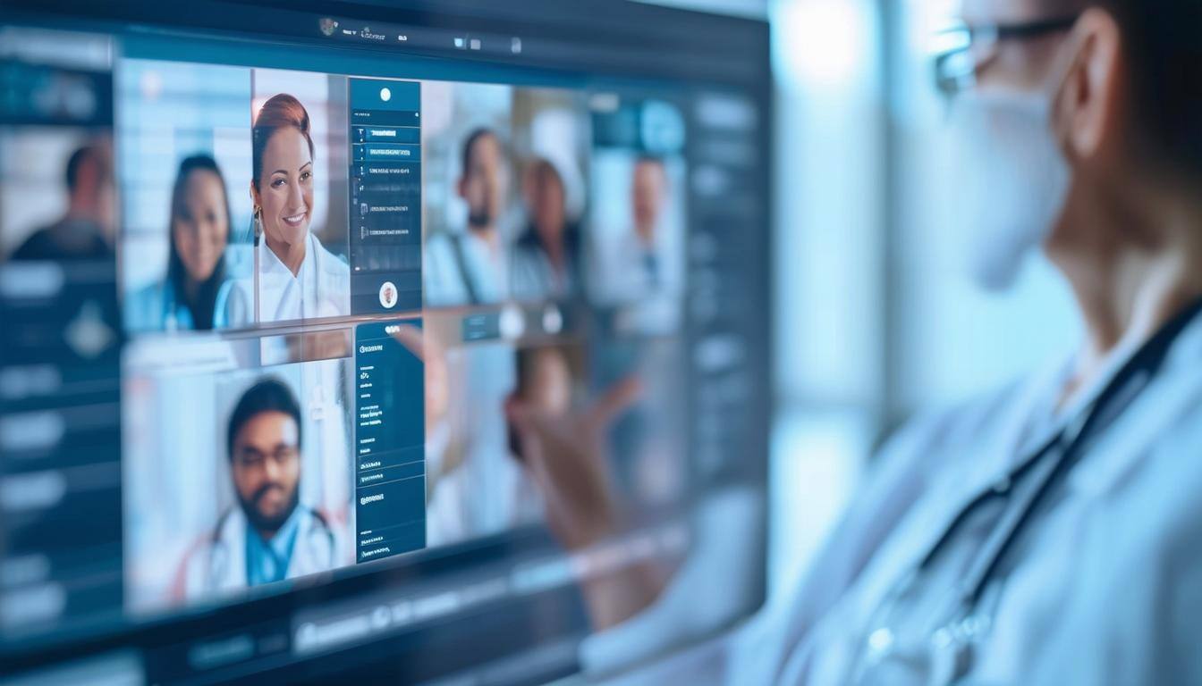 A healthcare provider viewing a CRM interface with patient profiles, segmented and highlighted in 00a79d