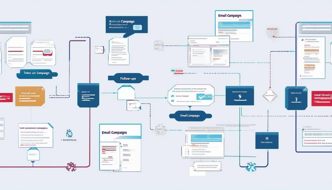 A workflow diagram showing automated tasks like Followups and Email Campaigns