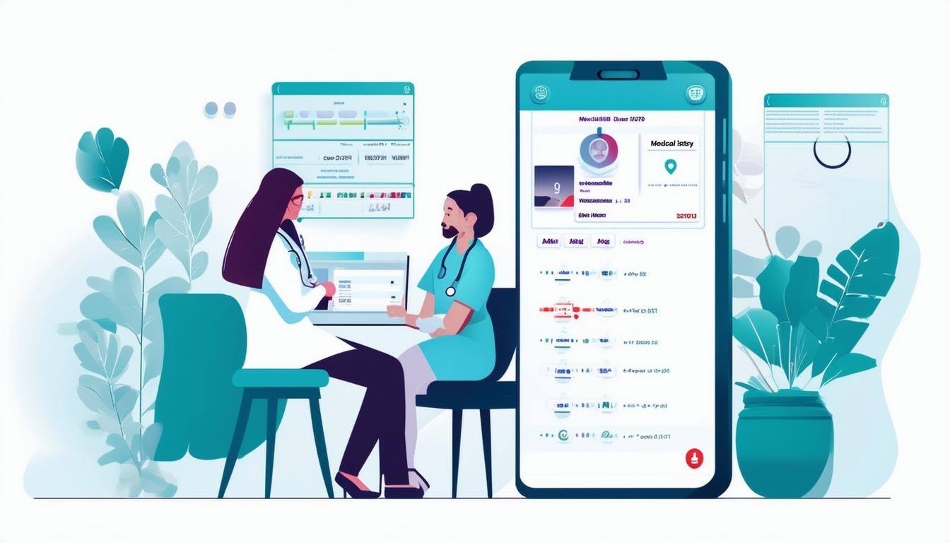An illustration of a healthcare provider updating a patient’s profile, with data points like medical history and followup dates emphasized in 00a79d.