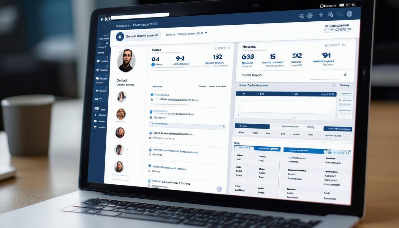 CRM Dashboard or Contact Profile Interface on a Laptop or Tablet Shows the digital management aspect
